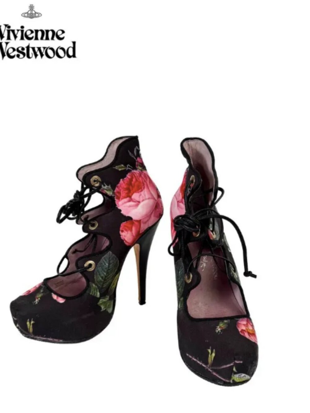 Vivienne Westwood Black Floral Lace-Up Stiletto Booties